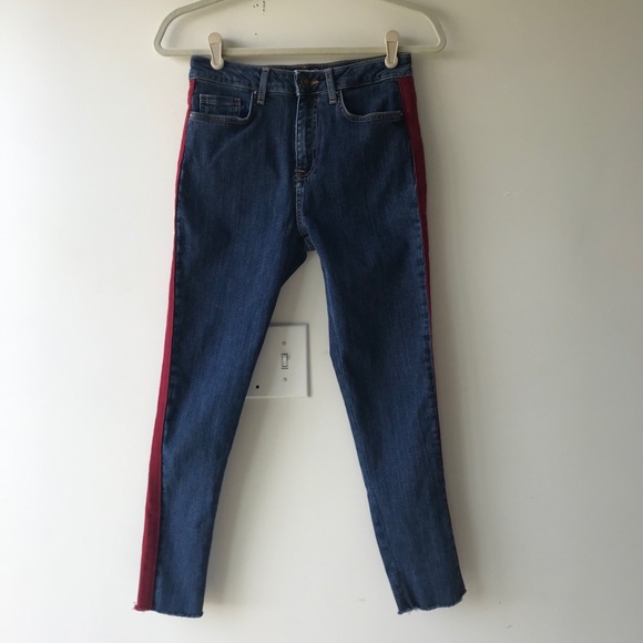 Forever twenty one red tuxedo stripe high rise raw hem cropped jeans Sz … - Picture 3 of 10